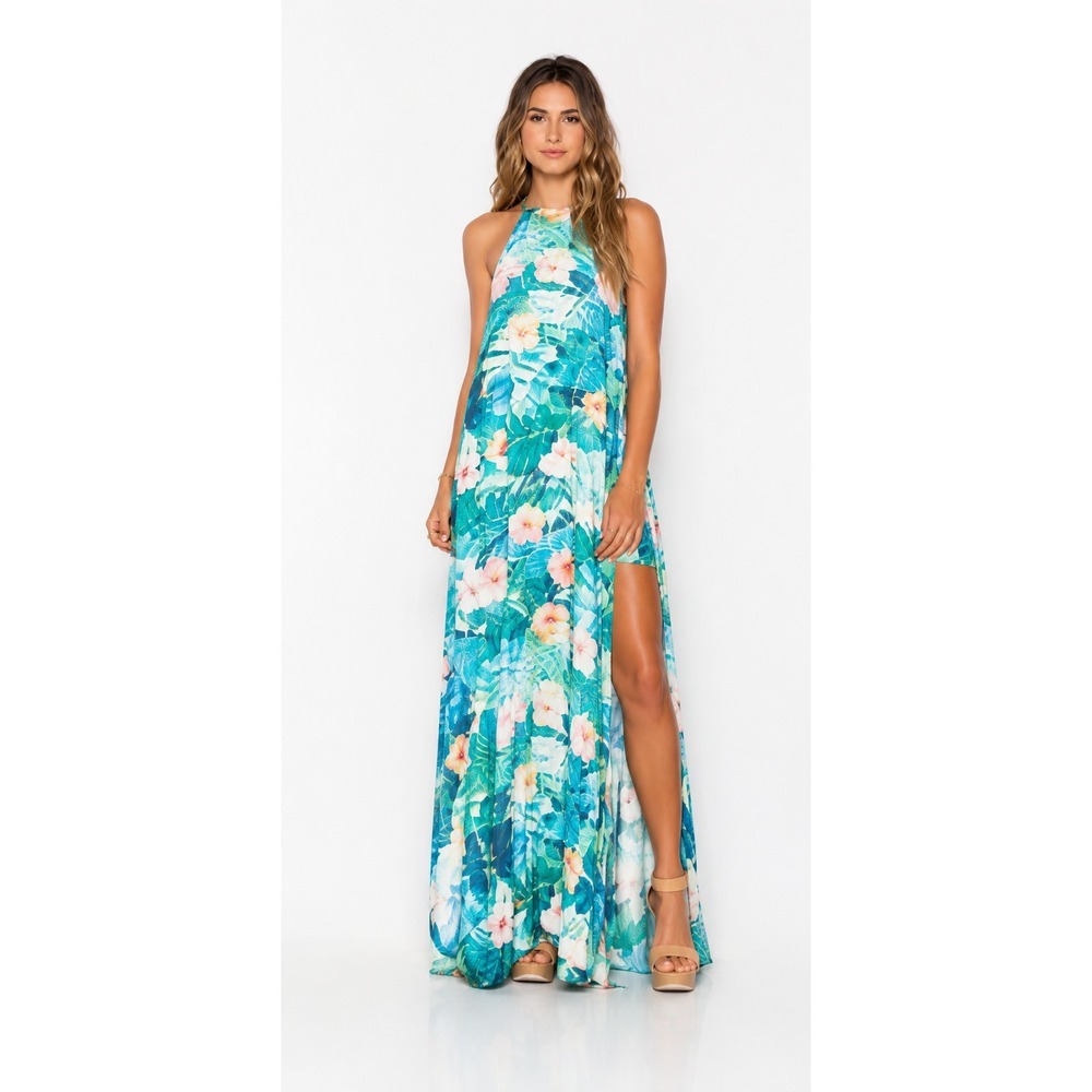 Show Me Your Mumu Bronte Maxi Dress Medium Teal Tropical Hibiscus Floral Resort